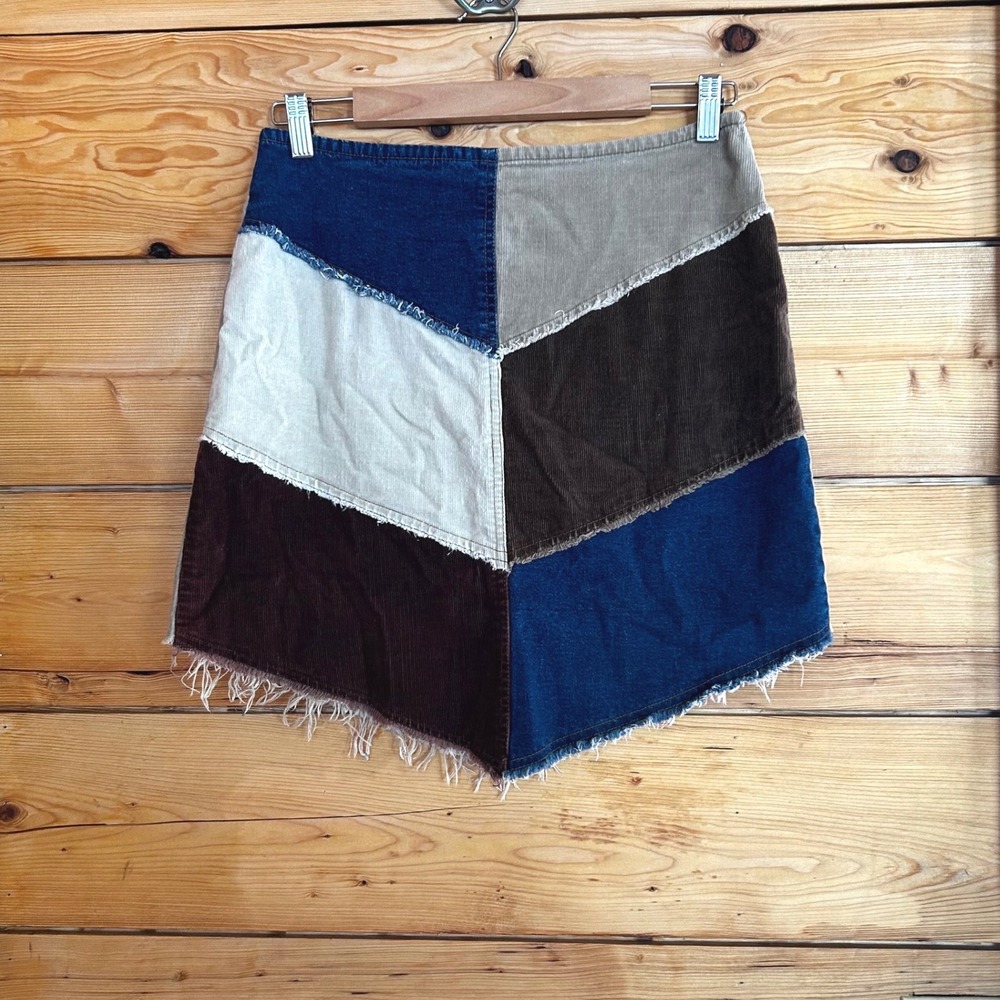 Patchwork Mini Skirt Womens Size 9 Multicolor Corduroy Denim Raw Hem D'Mode